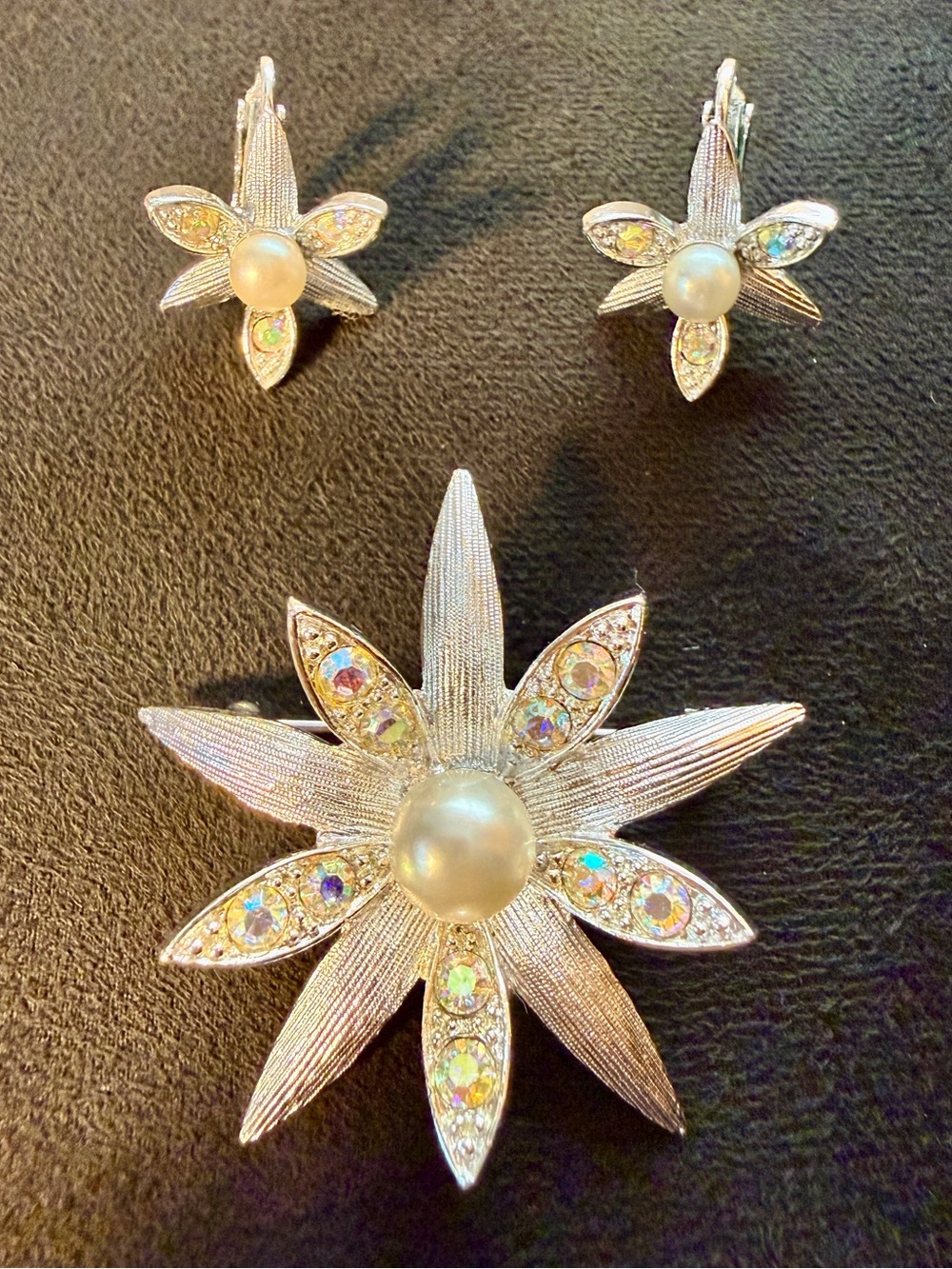 Vintage Space Age Signed Emmons Silver Star Burst Clip On Earrings & Brooch Set